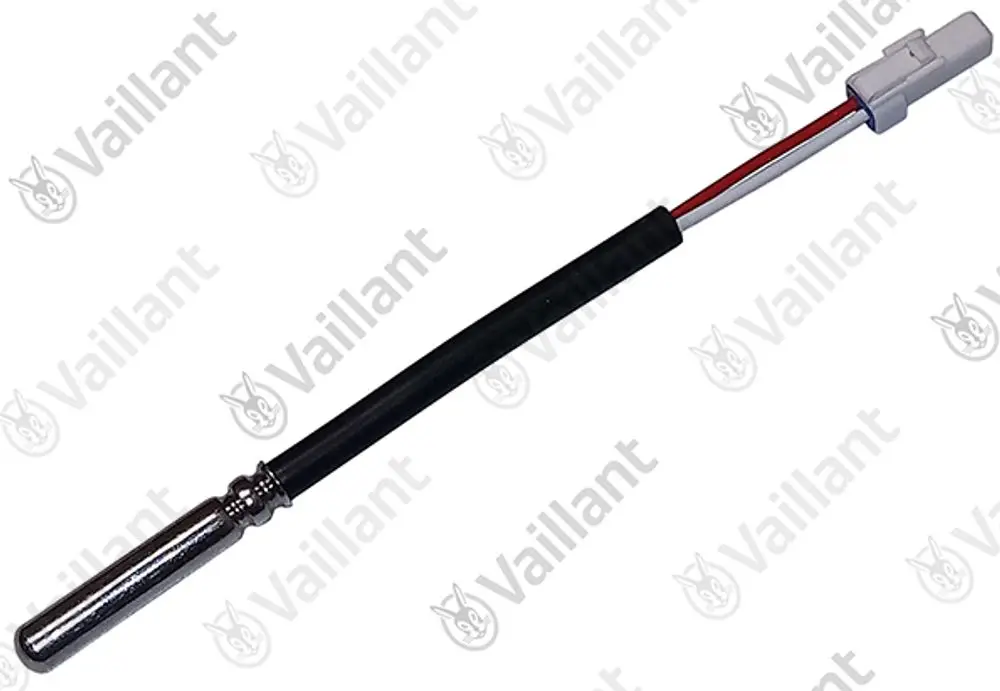 Vaillant Temperatursensor mit einem Metallteil und Kabel, das an einem Stecker befestigt ist. Der Sensor ist für verschiedene Modelle geeignet.